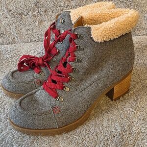 Kork Ease Women Gray Wool Lace-Up Ankle Boots Sherpa Cuff Corduroy Lined 8.5 NEW